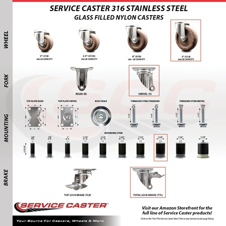 Service Caster 5 Inch 316SS High Temp Glass Filled Nylon 1-5/8 Inch Stem Caster Lock Brake SCC SCC-SS316TTLEX20S514-GFNSHT-158